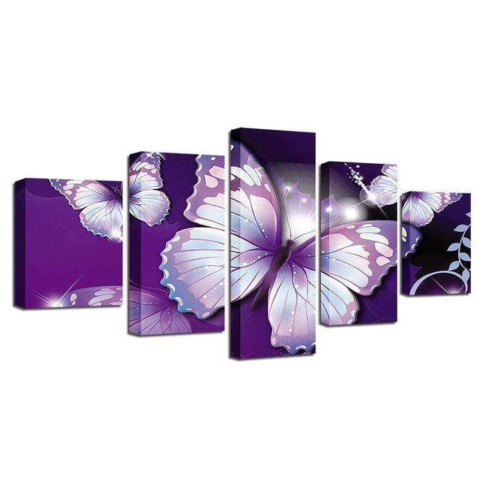 Purple Butterflies 5 Piece HD Multi Panel Canvas Wall Art - Original Frame