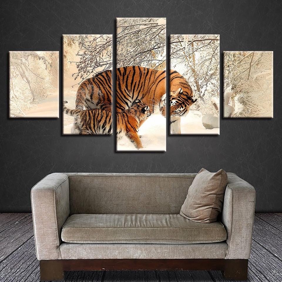 Winter Snow Tigers 5 Piece HD Multi Panel Canvas Wall Art Frame - Original Frame