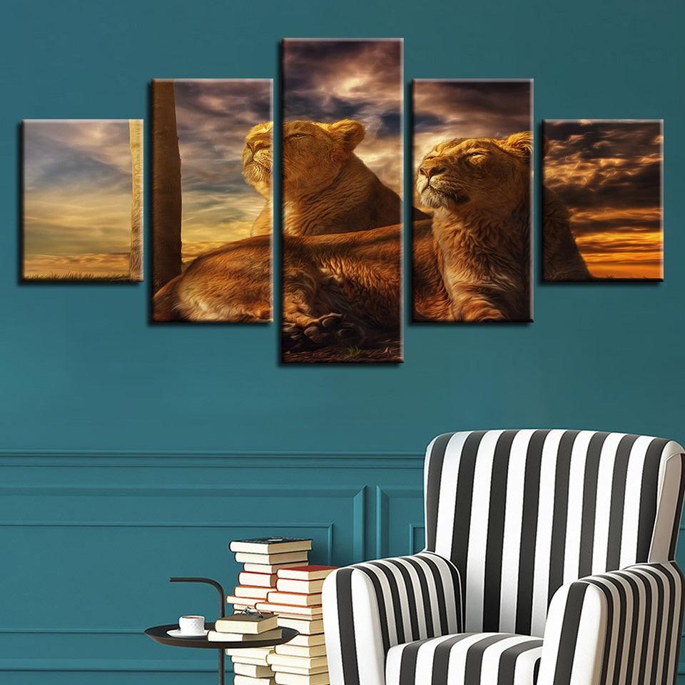 Sunset Animals Lions 5 Piece HD Multi Panel Canvas Wall Art Frame - Original Frame
