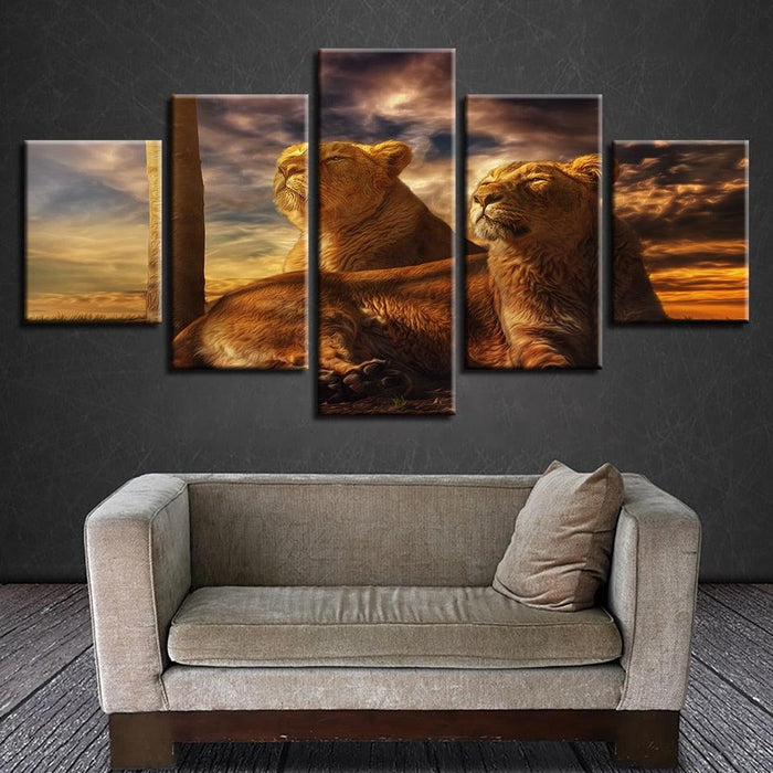 Sunset Animals Lions 5 Piece HD Multi Panel Canvas Wall Art Frame - Original Frame