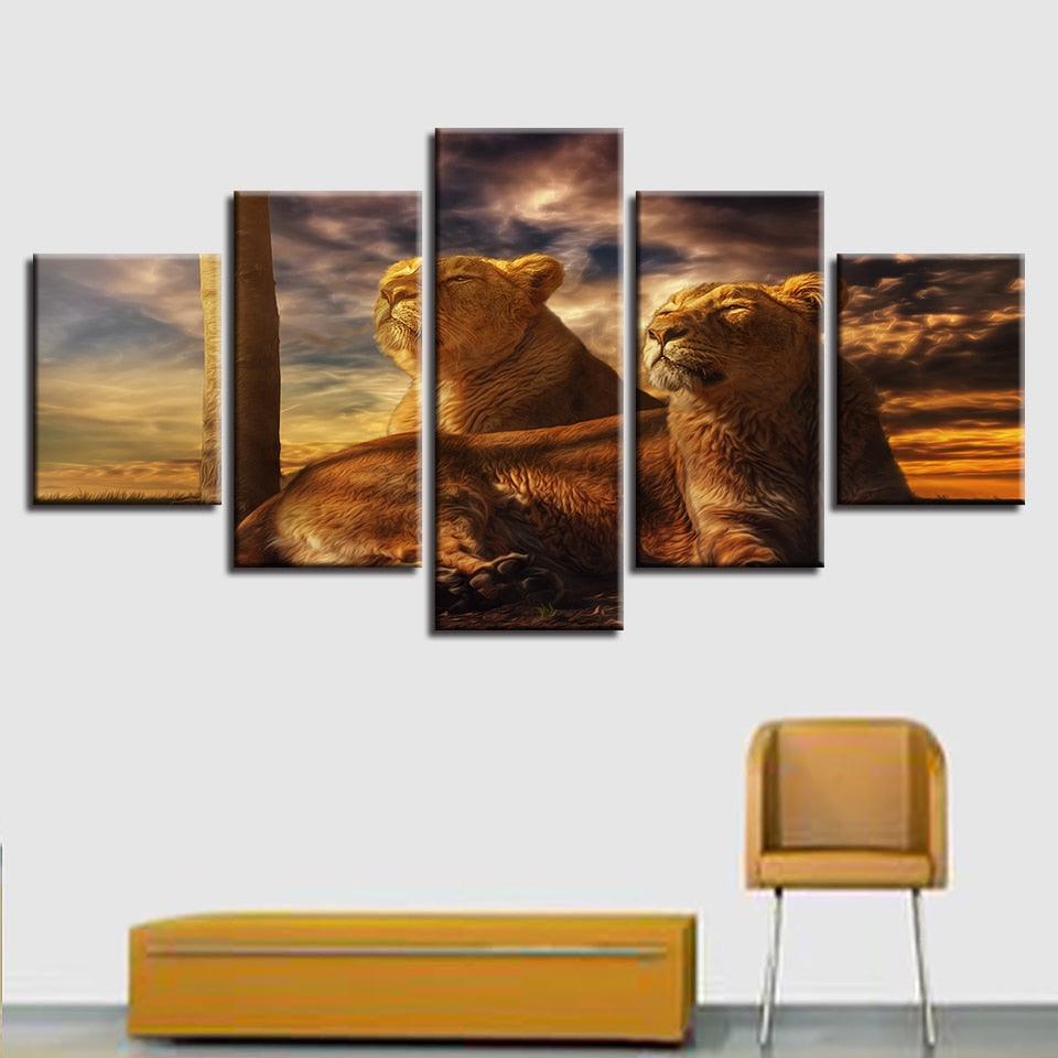 Sunset Animals Lions 5 Piece HD Multi Panel Canvas Wall Art Frame - Original Frame