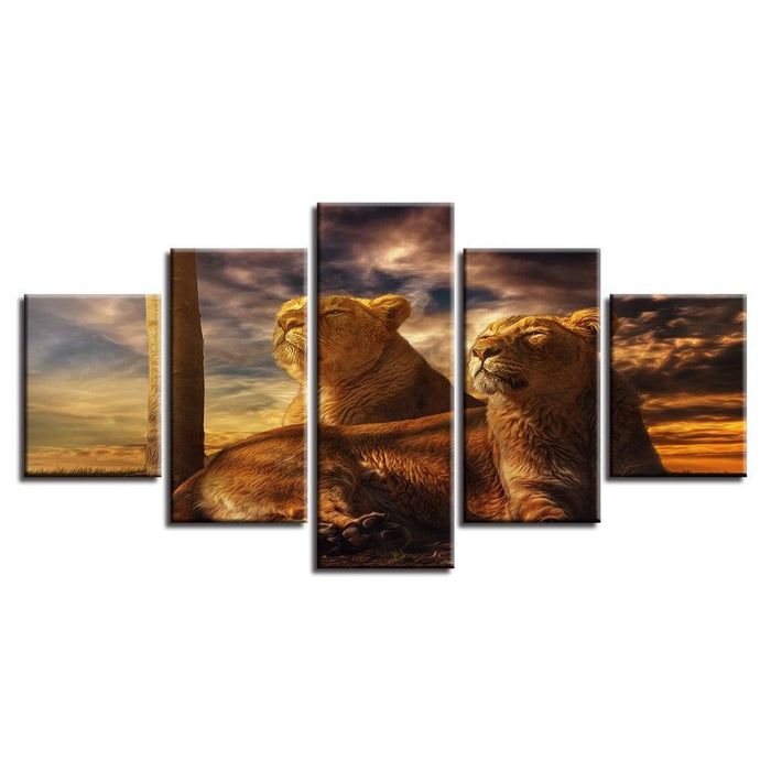 Sunset Animals Lions 5 Piece HD Multi Panel Canvas Wall Art Frame - Original Frame