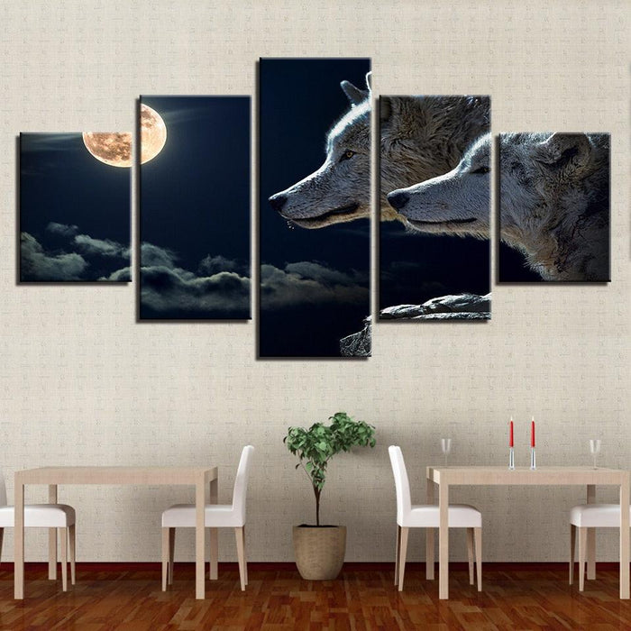 White Wolf Moon Night 5 Piece HD Multi Panel Canvas Wall Art Frame - Original Frame