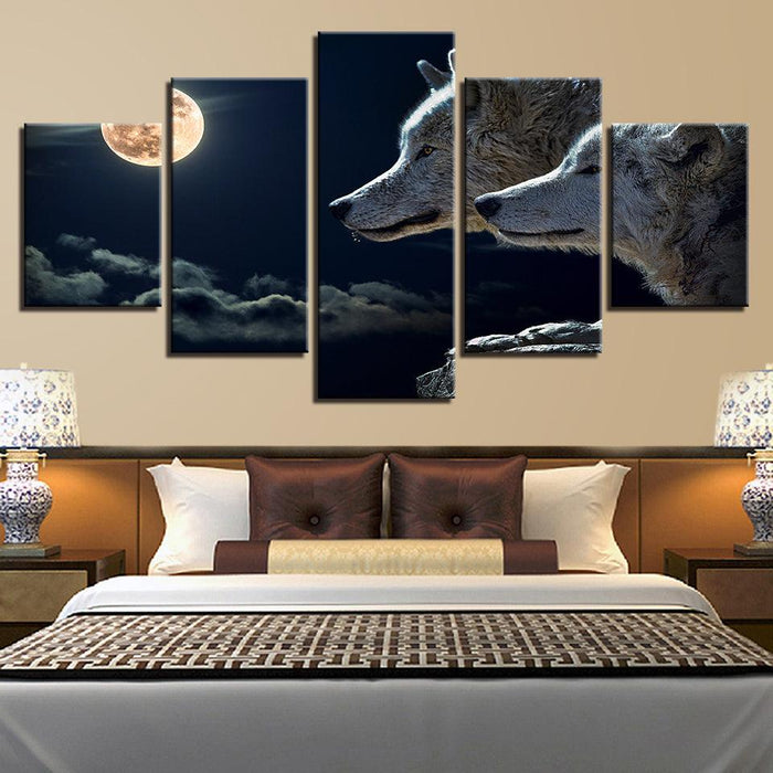 White Wolf Moon Night 5 Piece HD Multi Panel Canvas Wall Art Frame - Original Frame