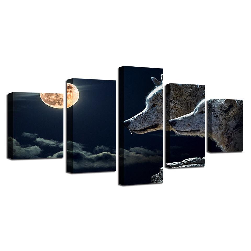 White Wolf Moon Night 5 Piece HD Multi Panel Canvas Wall Art Frame - Original Frame