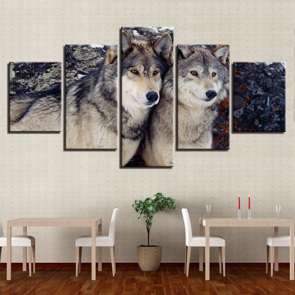 Wolves in the Forest 5 Piece HD Multi Panel Canvas Wall Art Frame - Original Frame