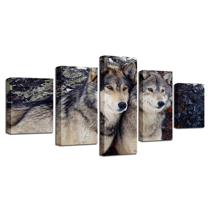 Wolves in the Forest 5 Piece HD Multi Panel Canvas Wall Art Frame - Original Frame