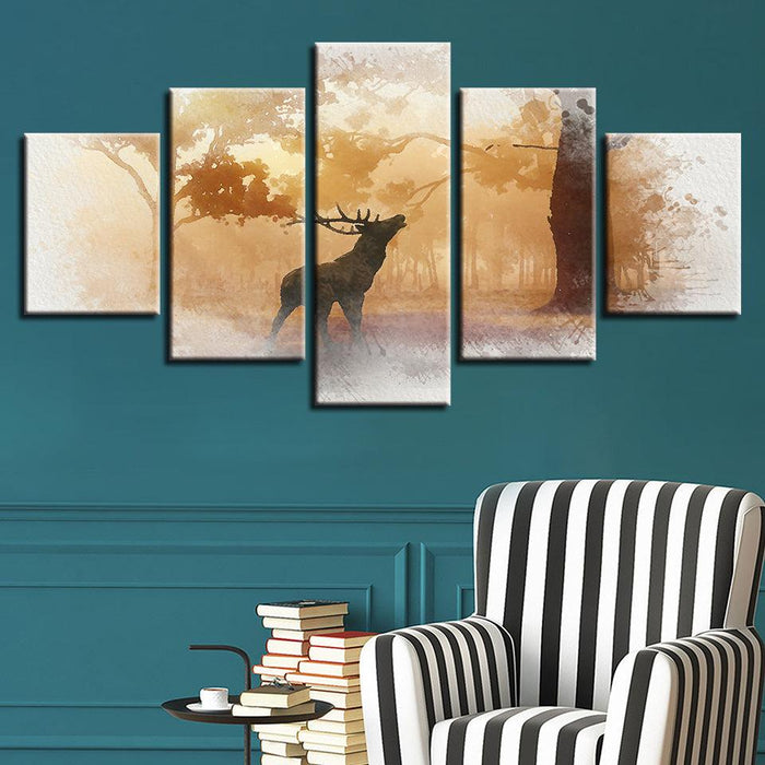 Forest Deer 5 Piece HD Multi Panel Canvas Wall Art Frame - Original Frame