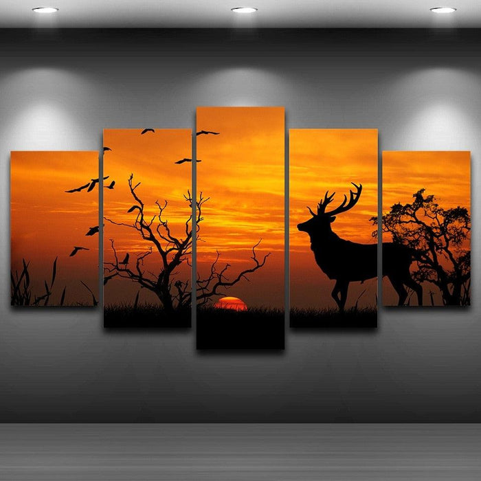 Deer in Sunset 5 Piece HD Multi Panel Canvas Wall Art Frame - Original Frame