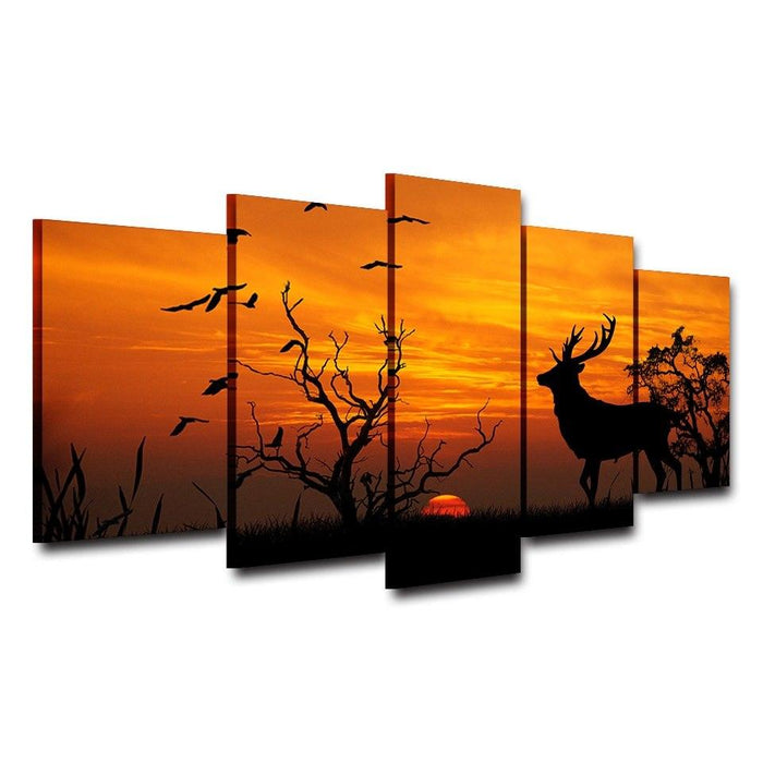 Deer in Sunset 5 Piece HD Multi Panel Canvas Wall Art Frame - Original Frame