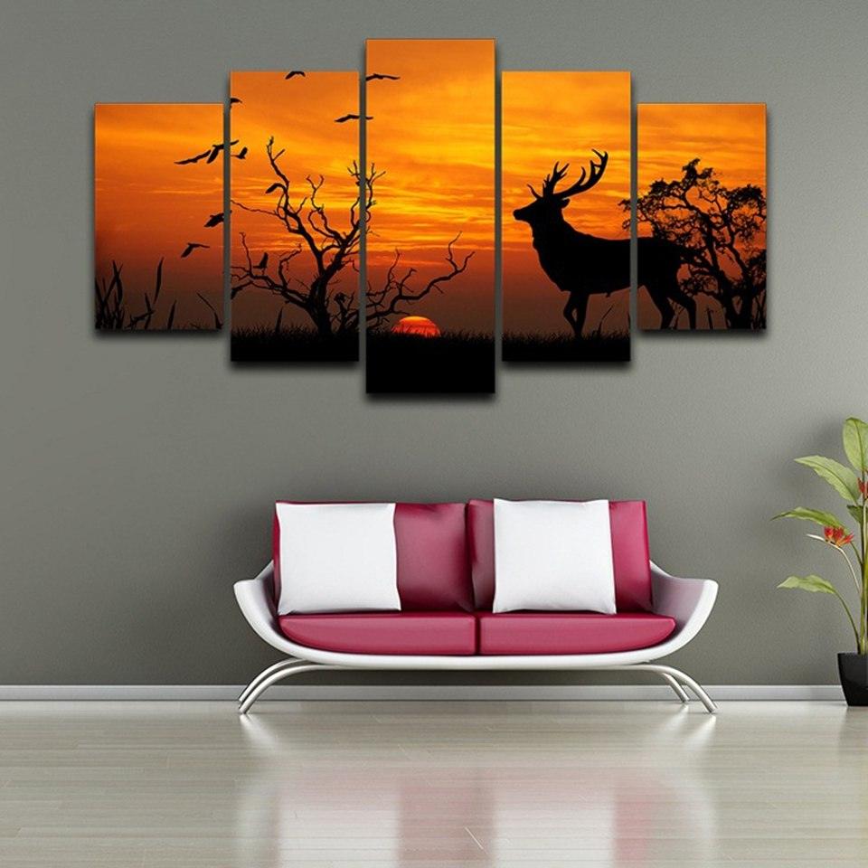 Deer in Sunset 5 Piece HD Multi Panel Canvas Wall Art Frame - Original Frame