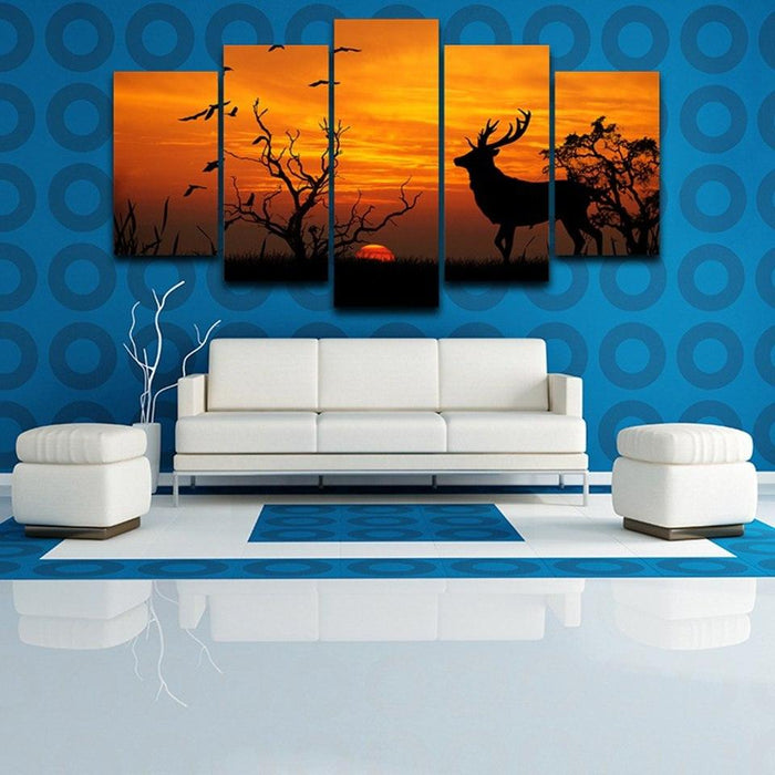 Deer in Sunset 5 Piece HD Multi Panel Canvas Wall Art Frame - Original Frame