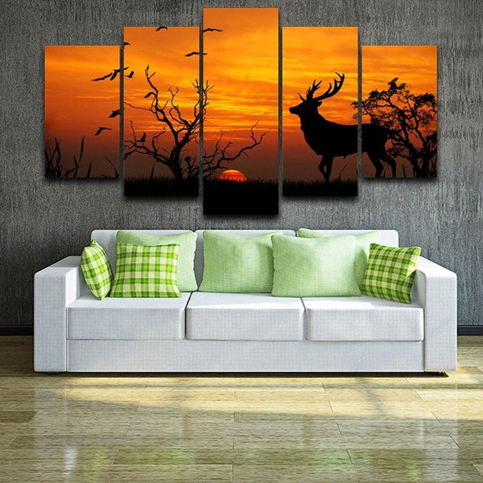 Deer in Sunset 5 Piece HD Multi Panel Canvas Wall Art Frame - Original Frame