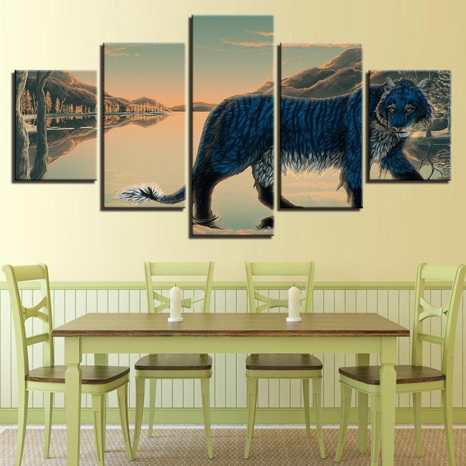 Blue Tiger 5 Piece HD Multi Panel Canvas Wall Art Frame - Original Frame