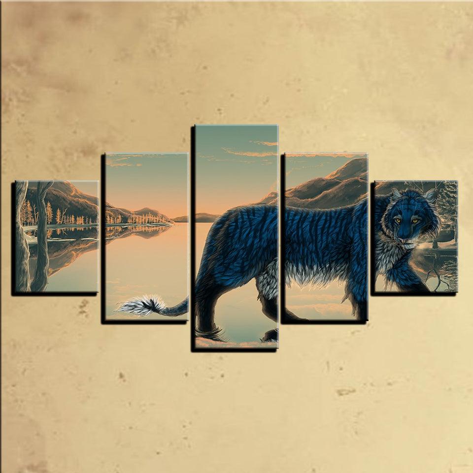 Blue Tiger 5 Piece HD Multi Panel Canvas Wall Art Frame - Original Frame