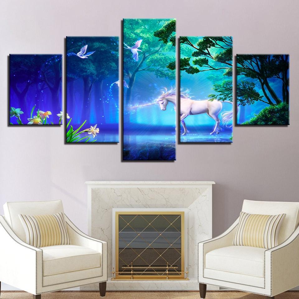 White Unicorn 5 Piece HD Multi Panel Canvas Wall Art Frame - Original Frame
