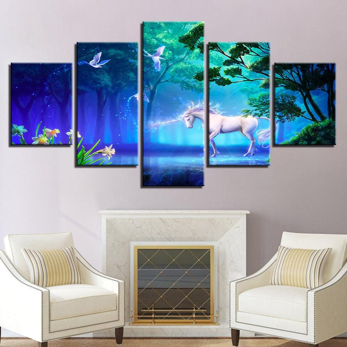 White Unicorn 5 Piece HD Multi Panel Canvas Wall Art Frame