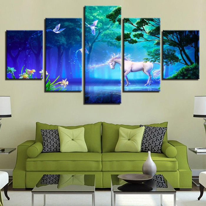 White Unicorn 5 Piece HD Multi Panel Canvas Wall Art Frame - Original Frame