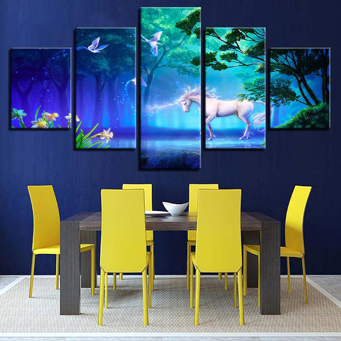 White Unicorn 5 Piece HD Multi Panel Canvas Wall Art Frame