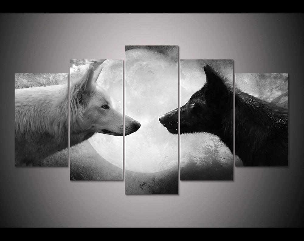 Wolves Black & White 5 Piece HD Multi Panel Canvas Wall Art Frame - Original Frame