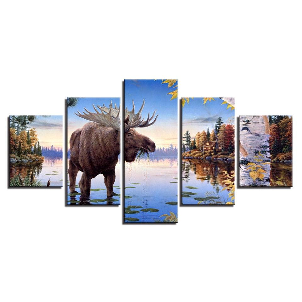 Elk Deer 5 Piece HD Multi Panel Canvas Wall Art Frame - Original Frame