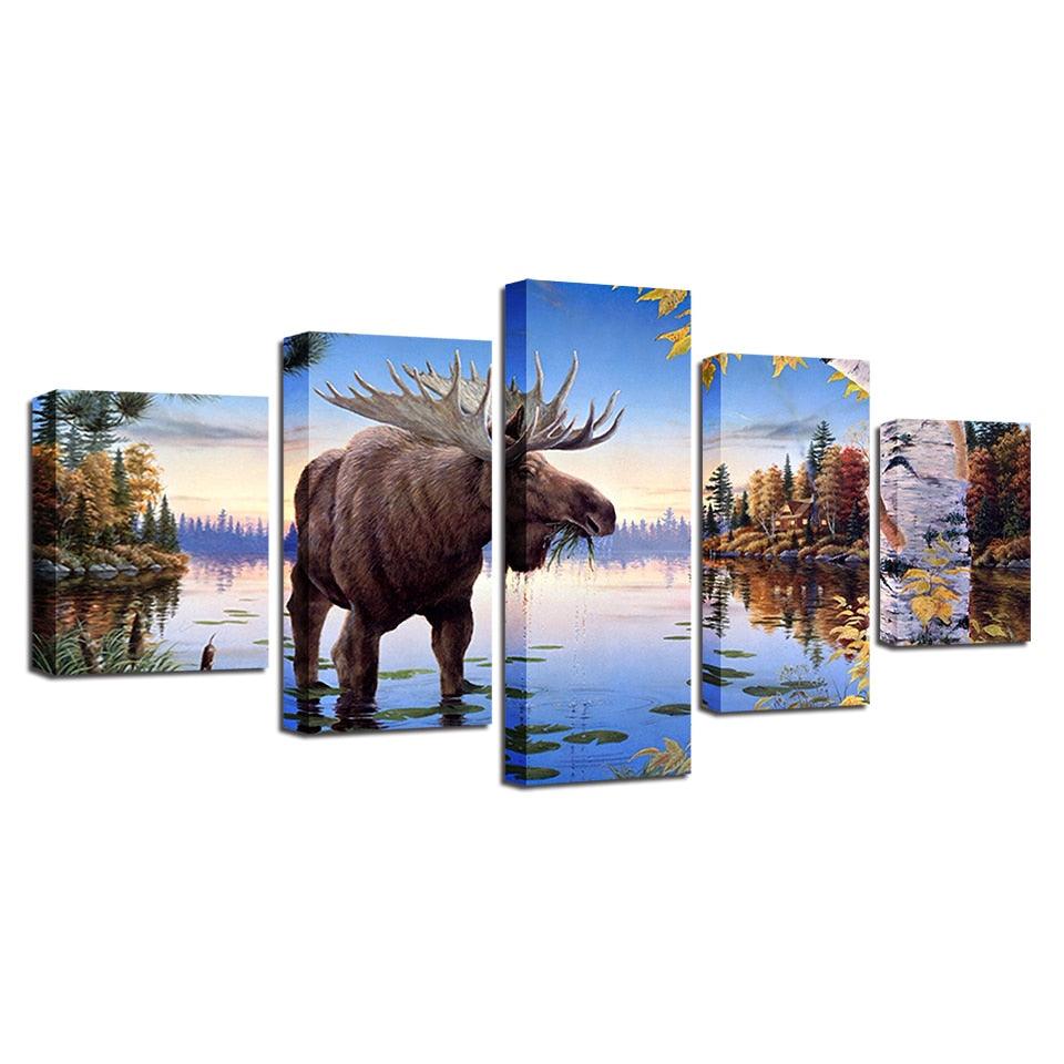 Elk Deer 5 Piece HD Multi Panel Canvas Wall Art Frame - Original Frame