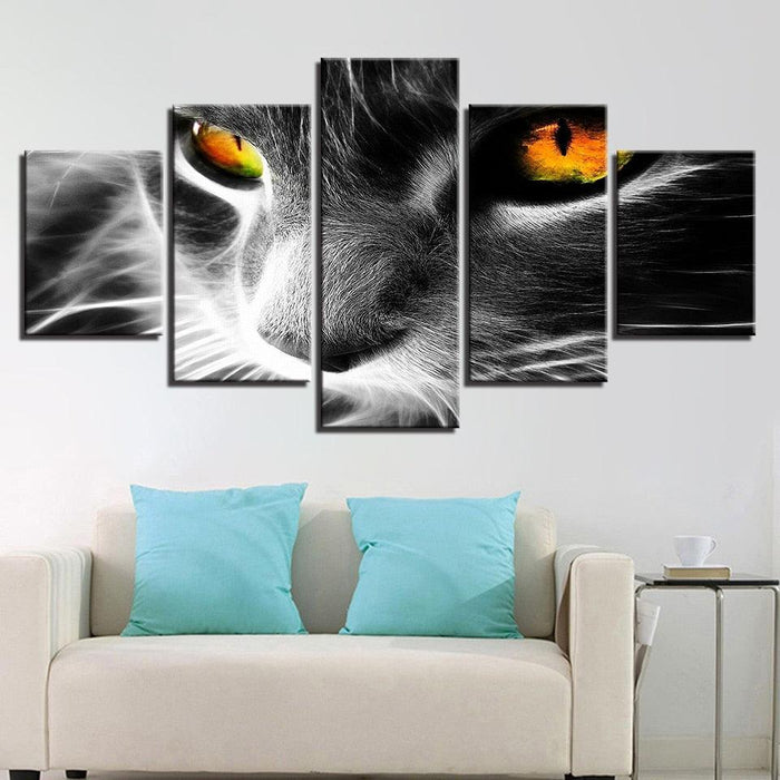 Orange Eyes Grey Cat 5 Piece HD Multi Panel Canvas Wall Art Frame - Original Frame