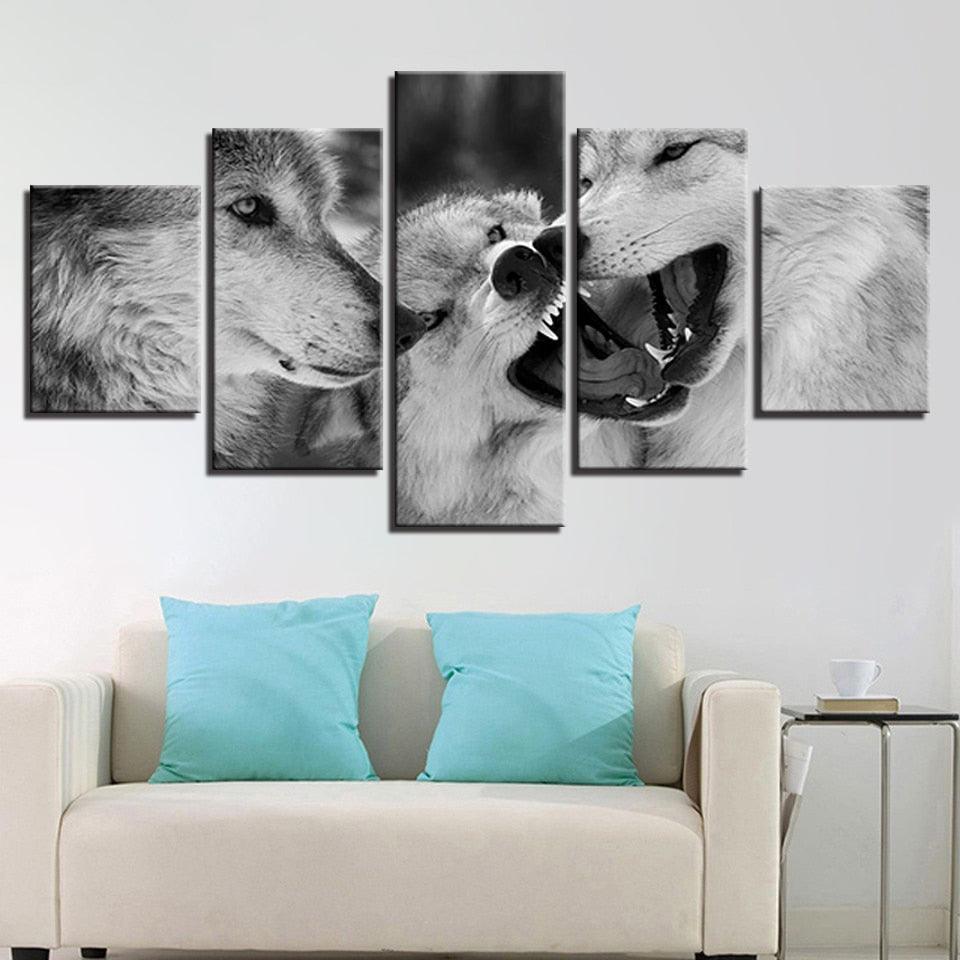 Black And White Wolves 5 Piece HD Multi Panel Canvas Wall Art Frame - Original Frame