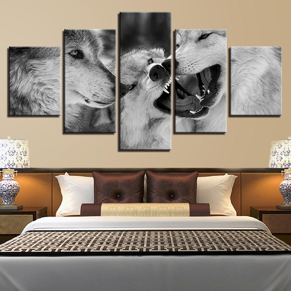 Black And White Wolves 5 Piece HD Multi Panel Canvas Wall Art Frame - Original Frame