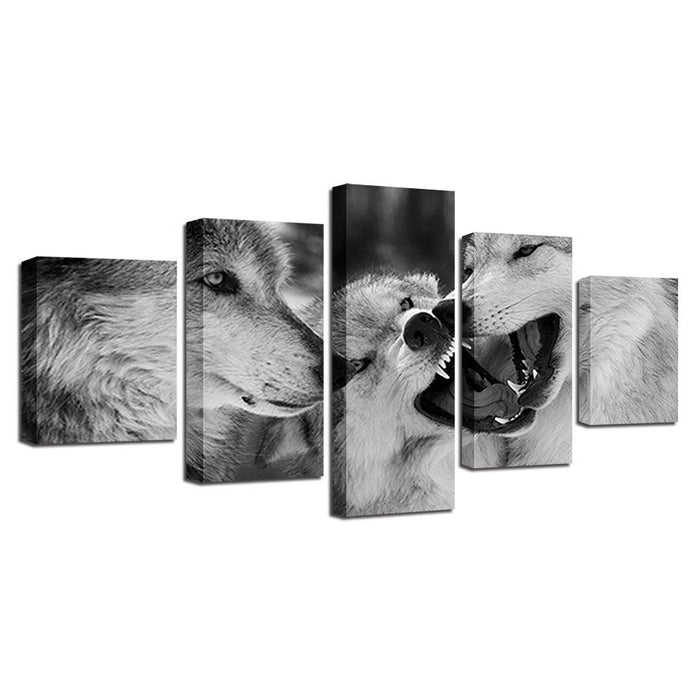 Black And White Wolves 5 Piece HD Multi Panel Canvas Wall Art Frame