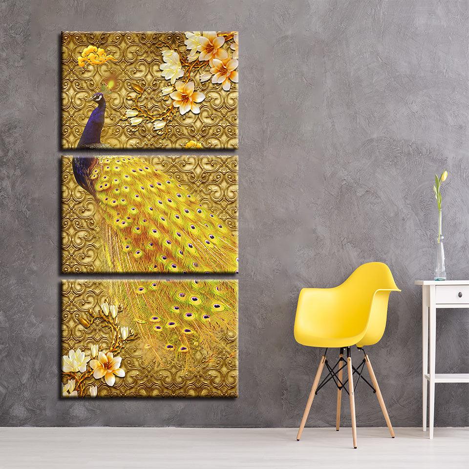 Golden Peacock 3 Piece HD Multi Panel Canvas Wall Art Frame - Original Frame