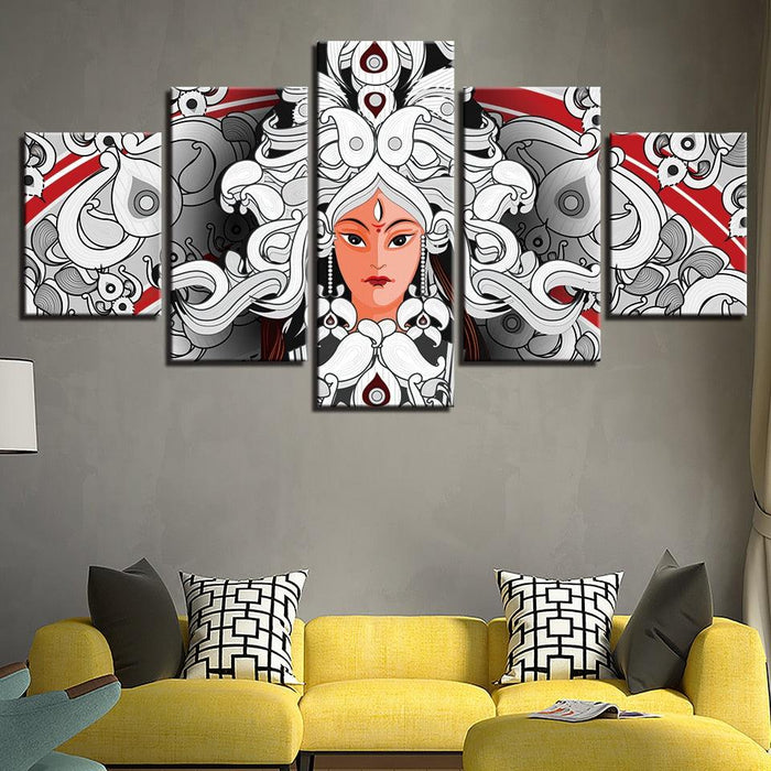 Hindu Goddess Durga 5 Piece HD Multi Panel Canvas Wall Art Frame - Original Frame