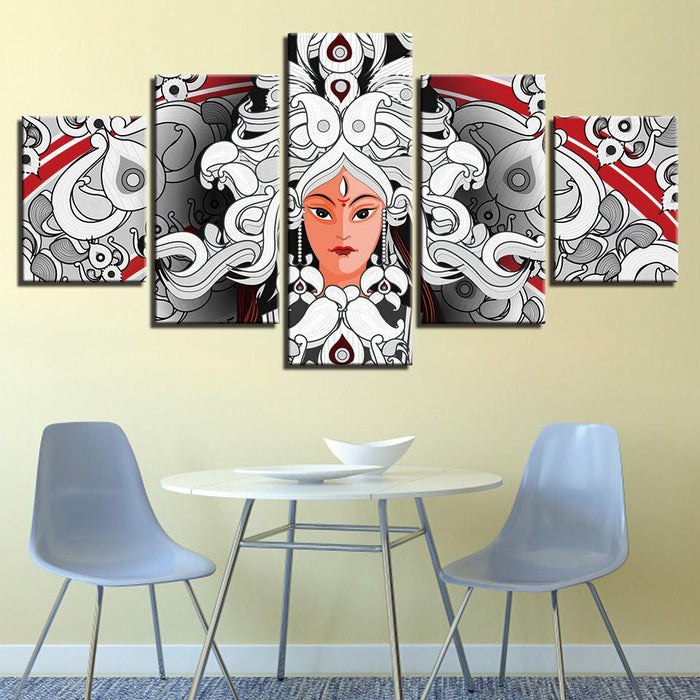 Hindu Goddess Durga 5 Piece HD Multi Panel Canvas Wall Art Frame - Original Frame