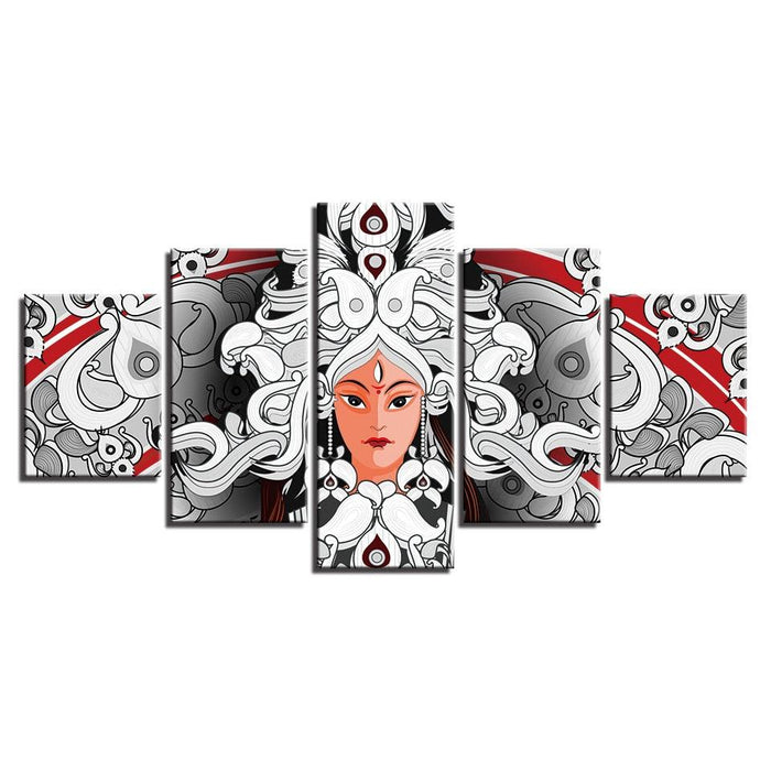 Hindu Goddess Durga 5 Piece HD Multi Panel Canvas Wall Art Frame - Original Frame