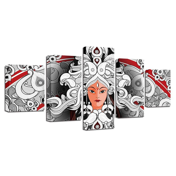 Hindu Goddess Durga 5 Piece HD Multi Panel Canvas Wall Art Frame - Original Frame