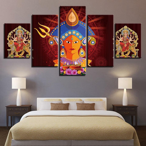 Hindu Goddess Durga Puja 5 Piece HD Multi Panel Canvas Wall Art Frame - Original Frame