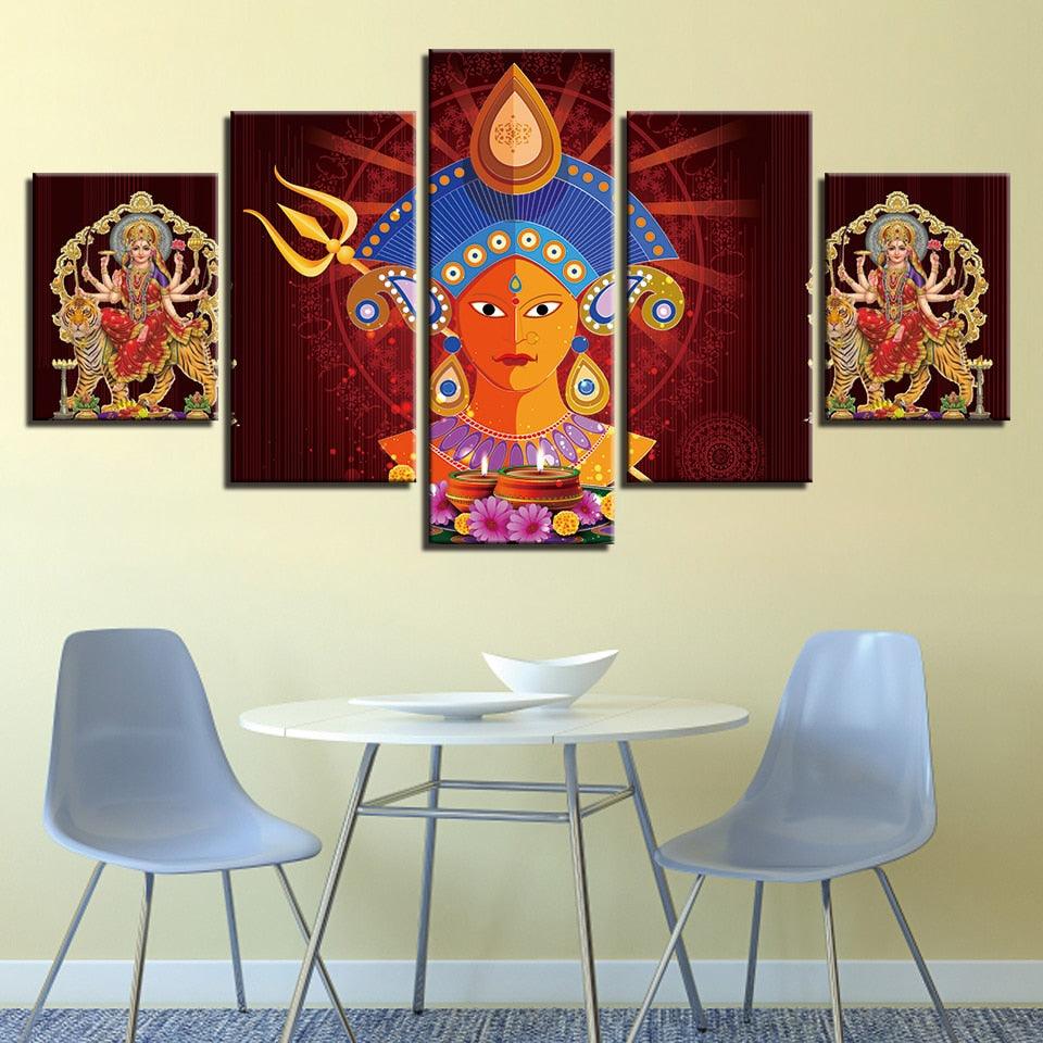 Hindu Goddess Durga Puja 5 Piece HD Multi Panel Canvas Wall Art Frame - Original Frame