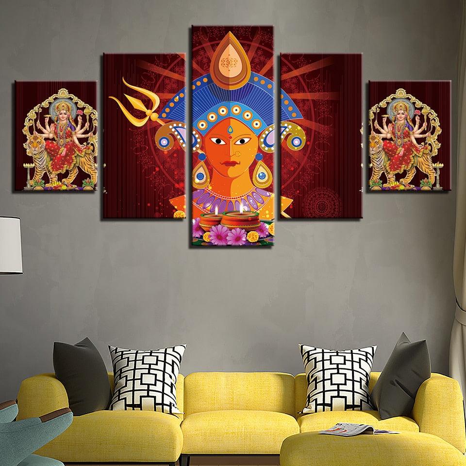 Hindu Goddess Durga Puja 5 Piece HD Multi Panel Canvas Wall Art Frame - Original Frame
