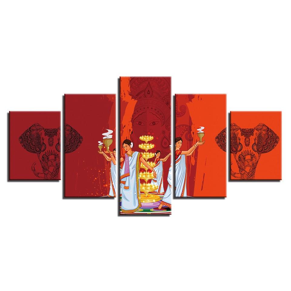Indian Durga Puja 5 Piece HD Multi Panel Canvas Wall Art Frame - Original Frame