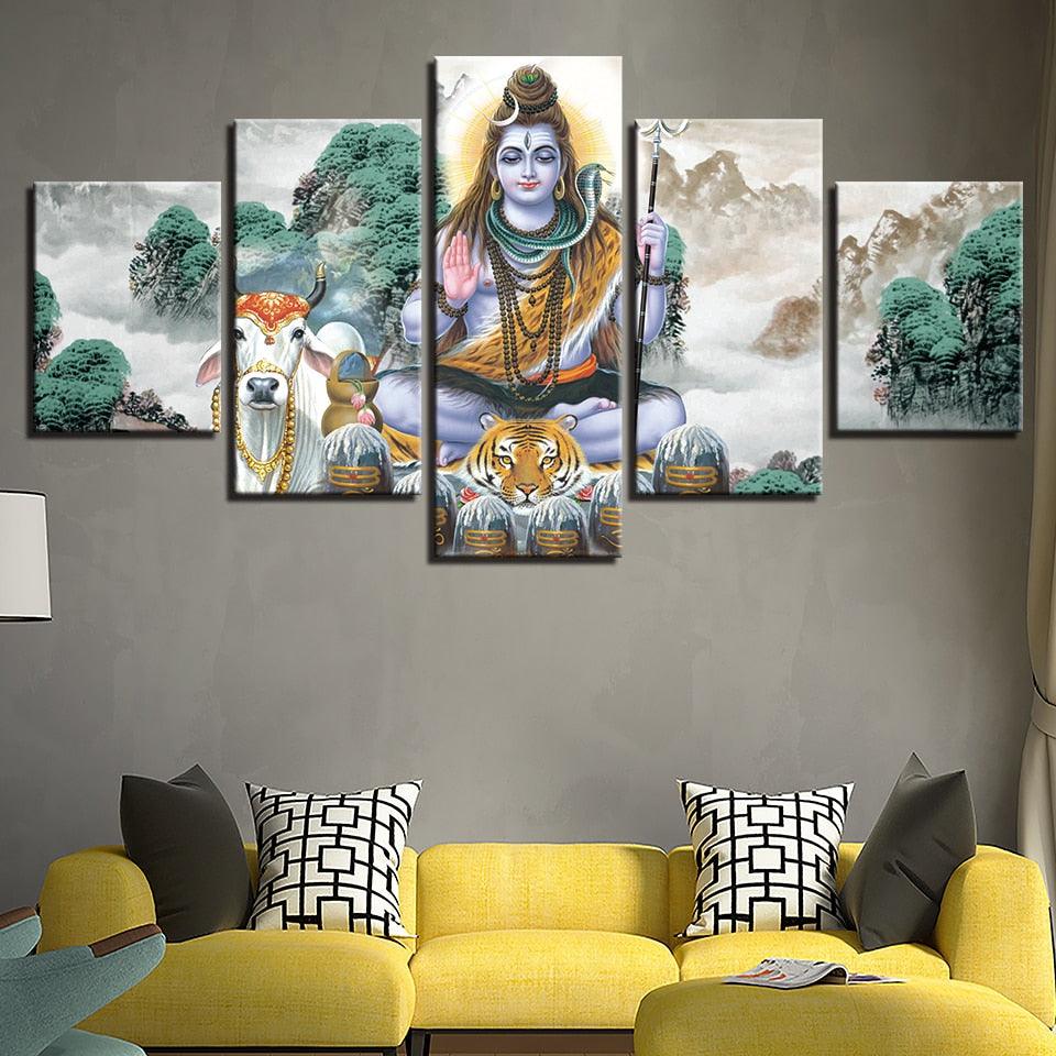 Lord Shiva And Bull Nandi 5 Piece HD Multi Panel Classical Canvas Wall Art Frame - Original Frame