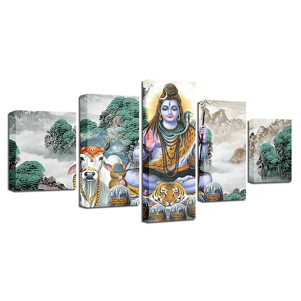 Lord Shiva And Bull Nandi 5 Piece HD Multi Panel Classical Canvas Wall Art Frame - Original Frame
