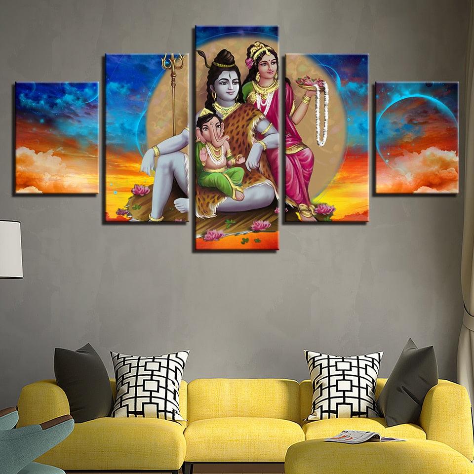 Shiva Parvati Ganesha 5 Piece HD Multi Panel Canvas Wall Art Frame - Original Frame