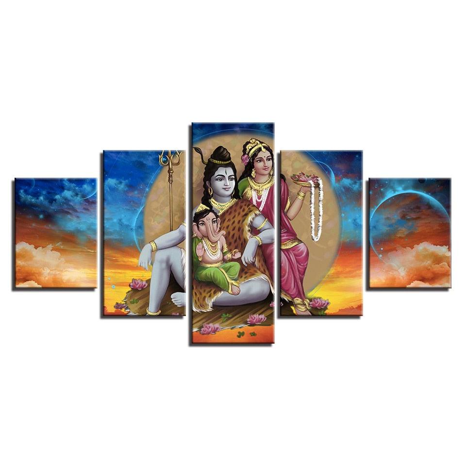 Shiva Parvati Ganesha 5 Piece HD Multi Panel Canvas Wall Art Frame - Original Frame