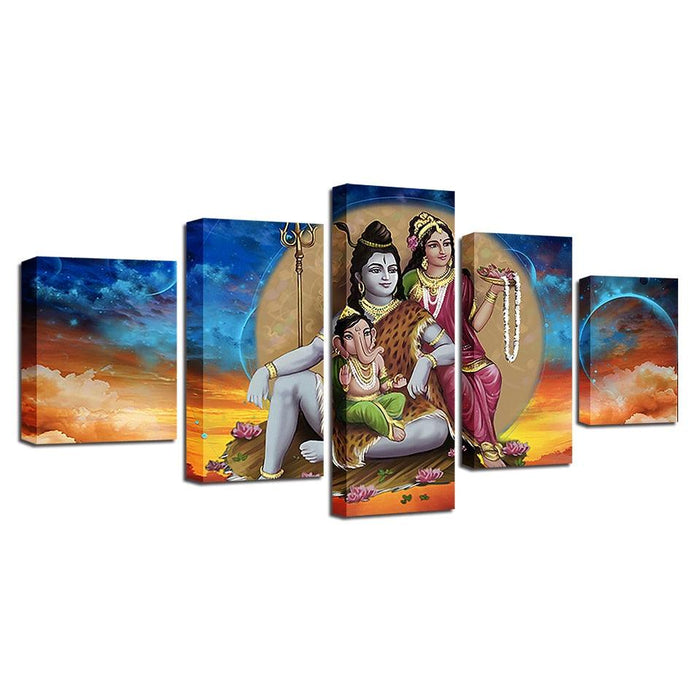 Shiva Parvati Ganesha 5 Piece HD Multi Panel Canvas Wall Art Frame - Original Frame