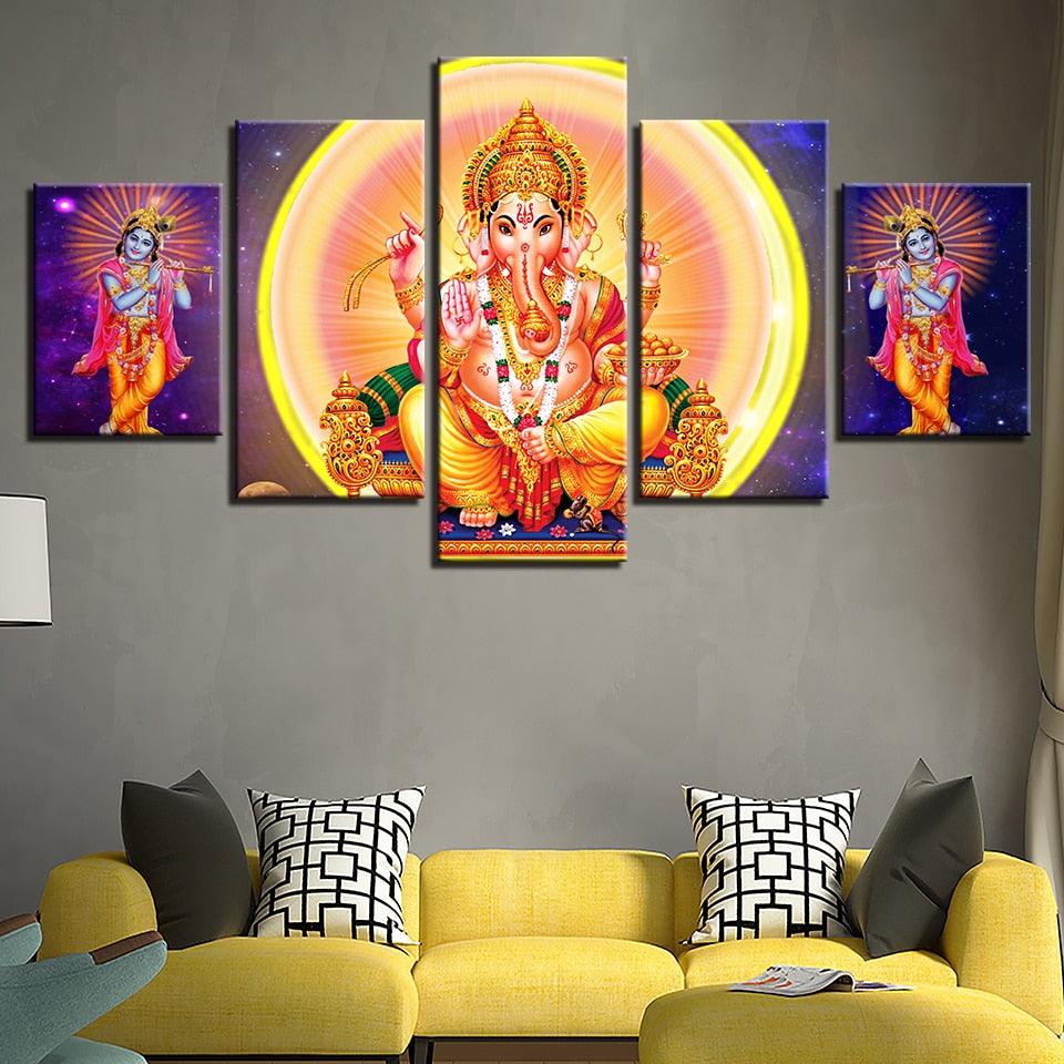 Lord Ganesha And Krishna 5 Piece HD Multi Panel Canvas Wall Art Frame - Original Frame