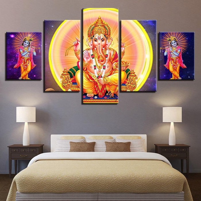 Lord Ganesha And Krishna 5 Piece HD Multi Panel Canvas Wall Art Frame - Original Frame