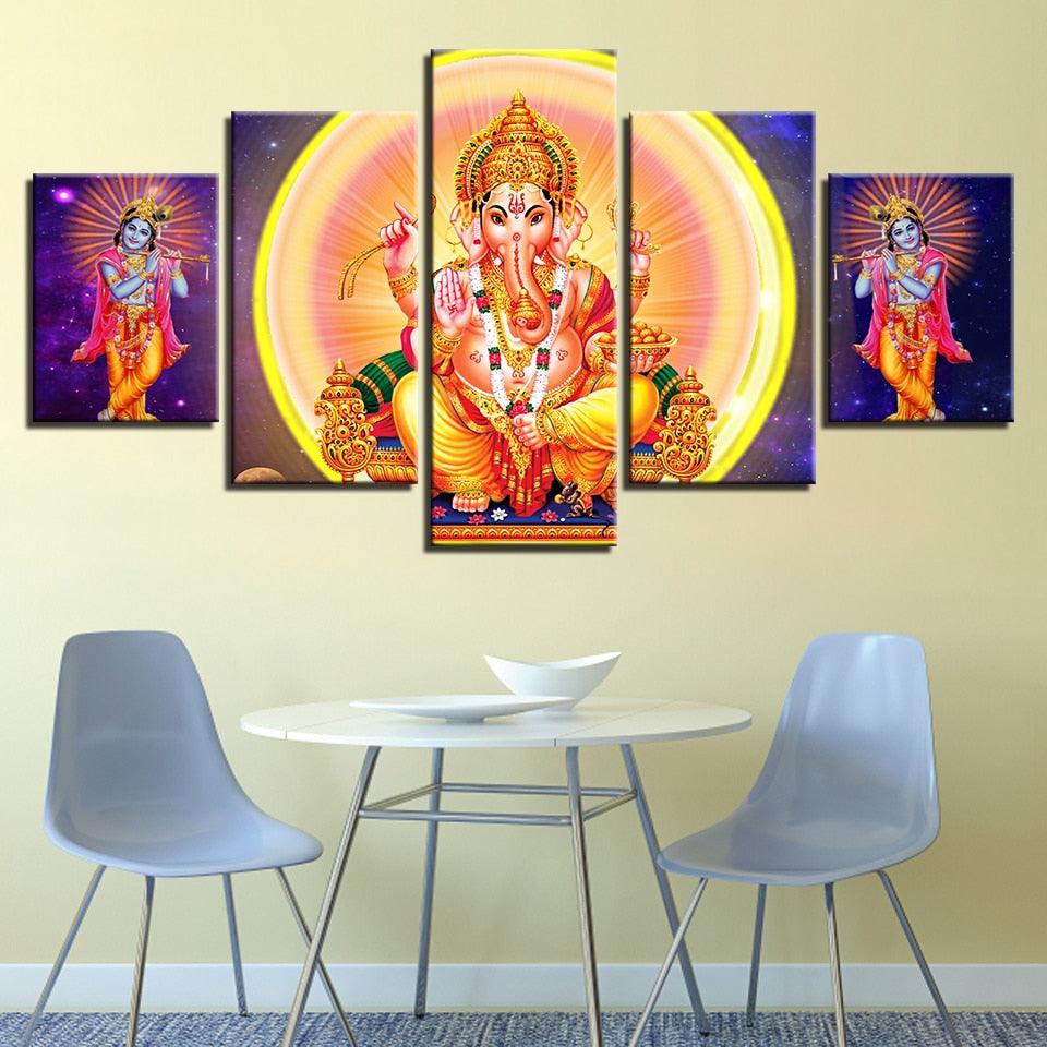 Lord Ganesha And Krishna 5 Piece HD Multi Panel Canvas Wall Art Frame - Original Frame