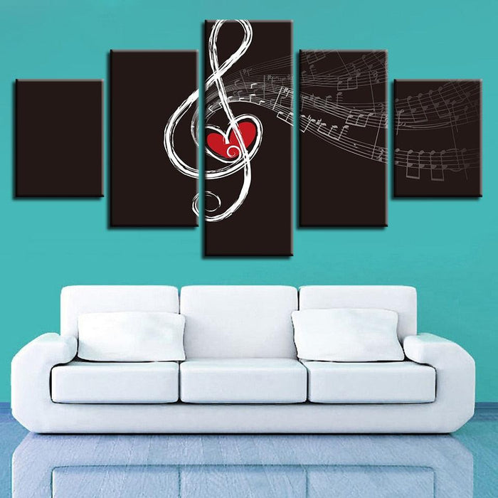 Musical Note And Cordate 5 Piece HD Multi Panel Canvas Wall Art Frame - Original Frame