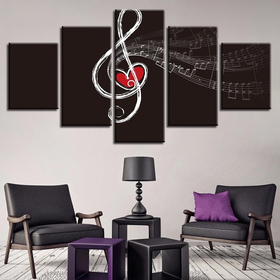 Musical Note And Cordate 5 Piece HD Multi Panel Canvas Wall Art Frame - Original Frame