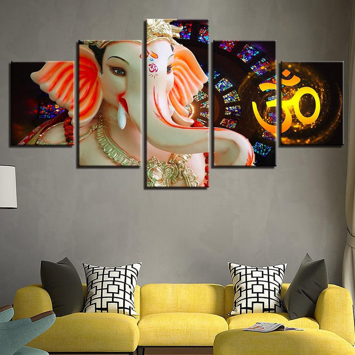 Lord Ganesha Water Proof 5 Piece HD Multi Panel Canvas Wall Art Frame - Original Frame